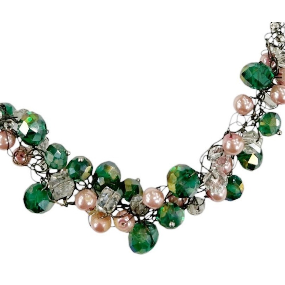Handmade Wire Crochet Beaded Necklace Green Facet Crystal Pink Pearl Fringe 18" - Picture 5 of 15